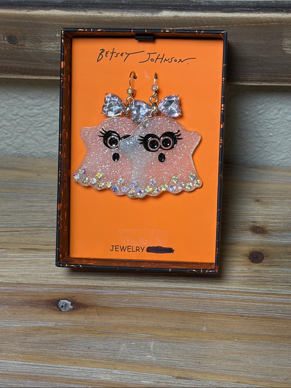 Betsey Johnson Pink Glitter Ghost Earrings with Crystal Bows